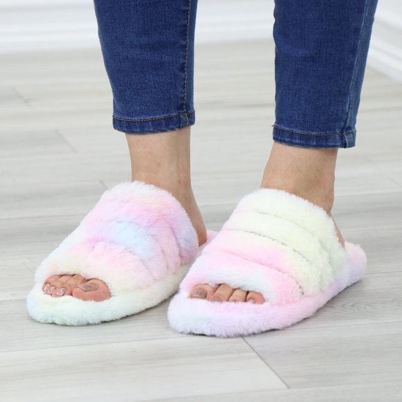 Tie Dye Puff Fuzzy Fluffy Slip On Plush Slippers Diamond Accents - Picture 14 of 15